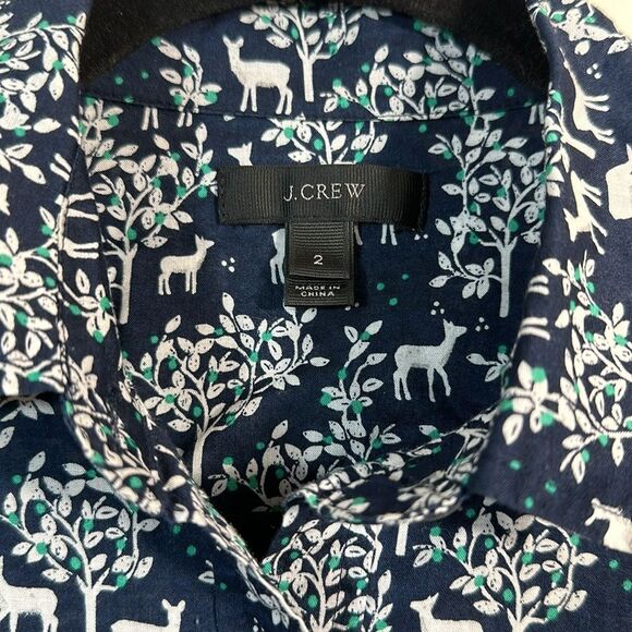 J. Crew Popover Blouse Deer Winter Blue White Longsleeve Top Women Size 2 - Picture 3 of 8